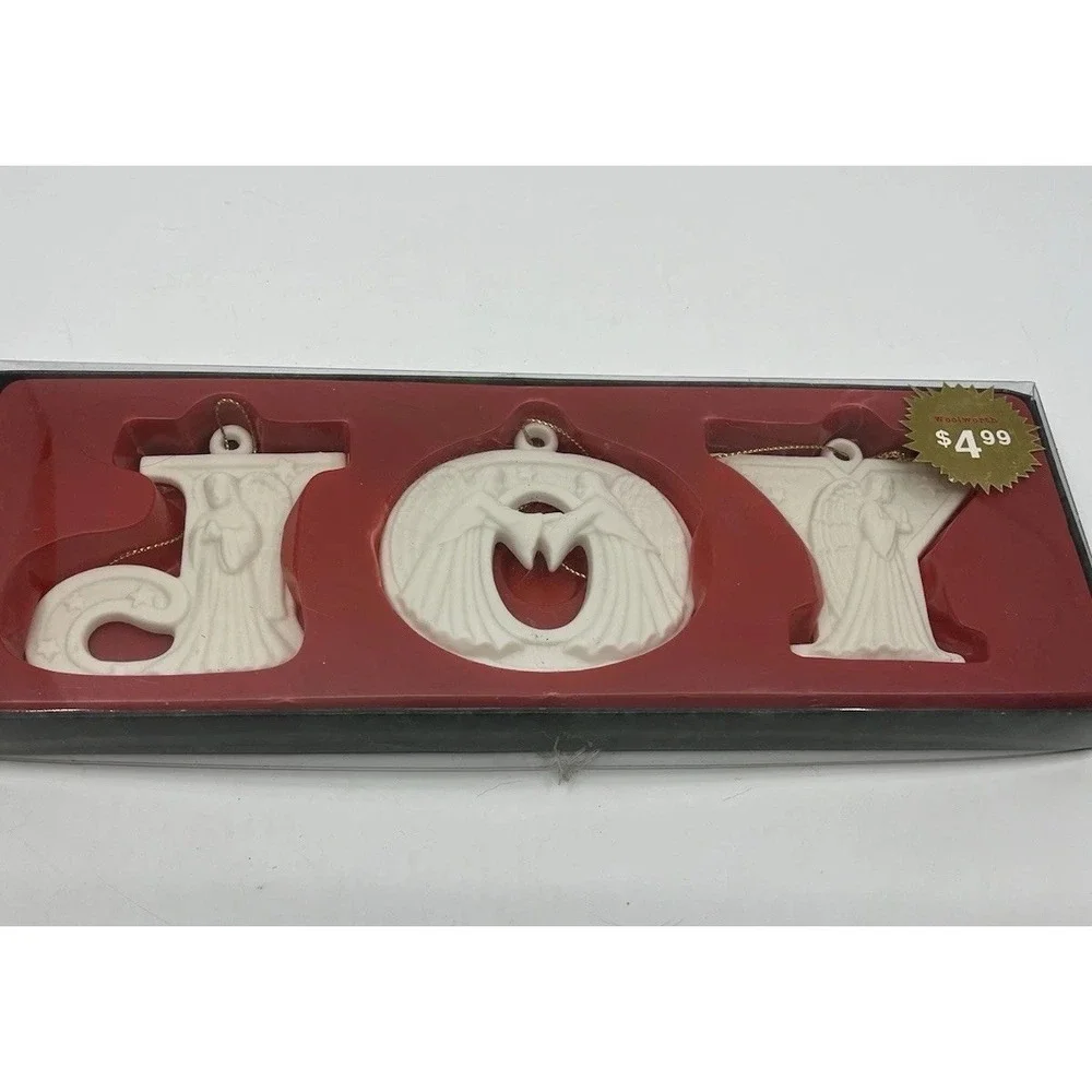 Vintage Woolworths Joy Ceramic Angel Christmas tree ornaments Box 3